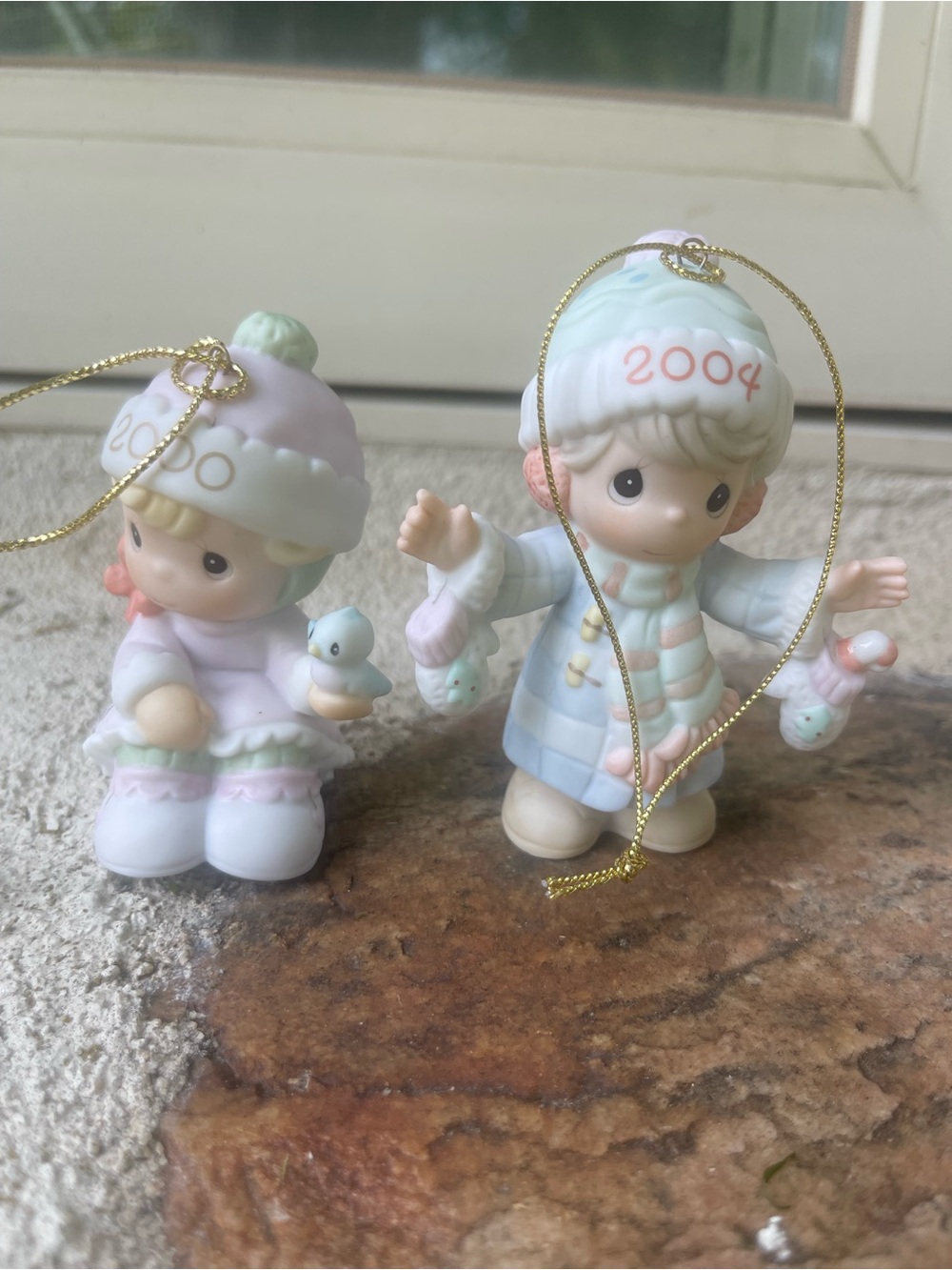 Precious Moments pastel pink & blue winter children ornaments